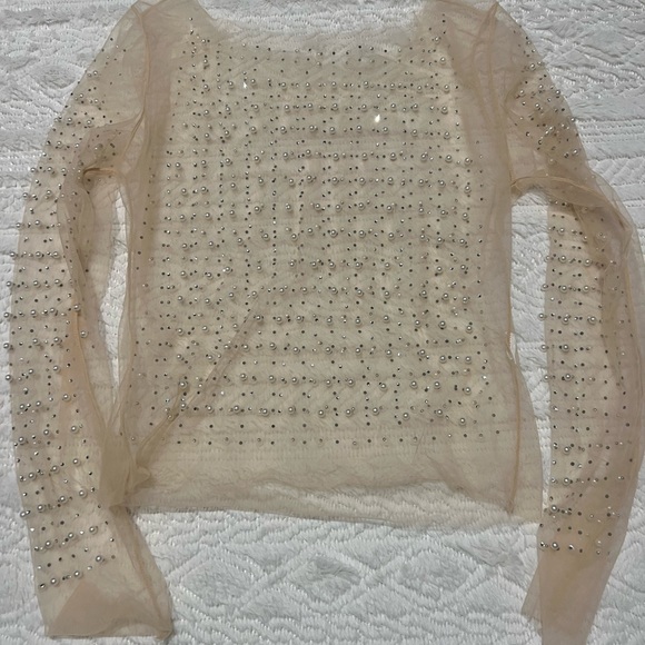 Pearl and rhinestone sheer tan top - Picture 1 of 2